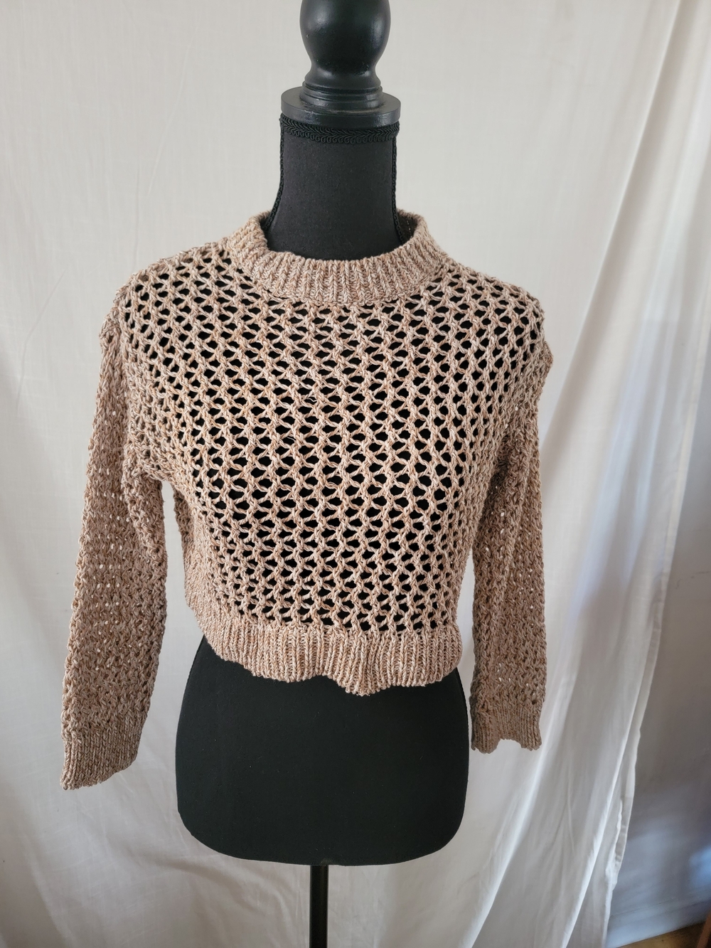 Crochet Open-Knit Crewneck Sweater in Taupe